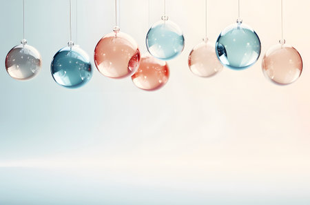 Transparent Christmas pink and blue balls on a soft pastel pink backgroundの素材