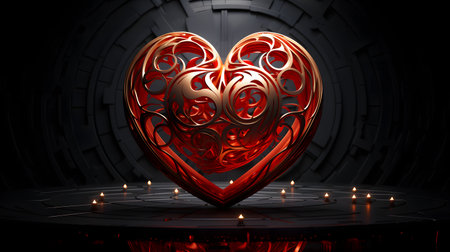 Red heart in the form of patterns, branches. Glass and transparent. Black background. Valentines Day concept.の素材