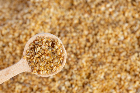 Dry food Daphnia for aquarium fishon a wooden spoon compound fish feed flakes. Top view.の写真素材