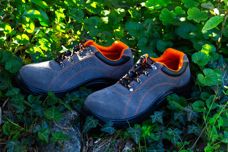 Blue leather safety shoes for men displayed against a located on grass and stones. These safety shoes for men offer both style and protection in travel and any work environment.の写真素材
