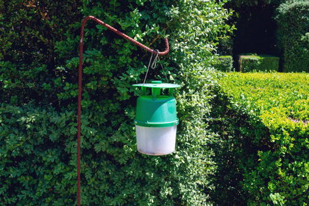 Pheromone trap from the boxwood moth. The pheromone is included in the small plastic tube below the cap, and directly below there is a funnel leading into the receiving containerの写真素材