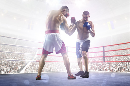 Two professionl boxers are fighting on the grand arenaの写真素材