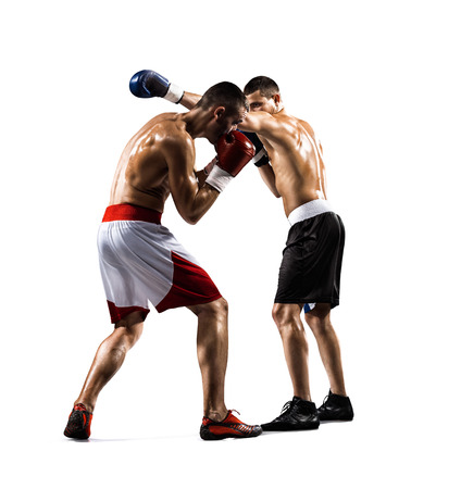 Two isolated professionl boxers are fighting on the white backgroundの写真素材