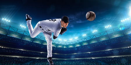 Professional baseball players on the grand arena in nightの販売画像