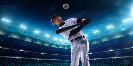 Professional baseball players on the grand arena in nightの写真素材