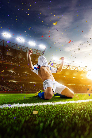 Soccer player in action on night stadium panorama backgroundの写真素材