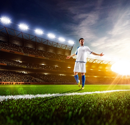 Soccer player in action on sunny stadium panorama backgroundの写真素材