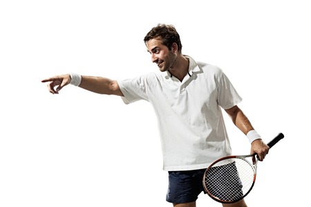 isolated on the white young man is playing tennisの写真素材