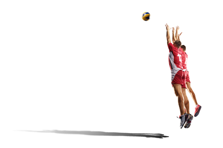 Two professional volleyball players in action isolated on whiteの写真素材