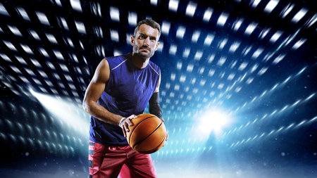 Streetball player holding ball on grand arena