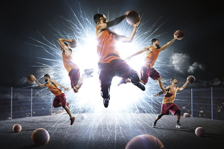 Multi persons basketball players night flash collageの写真素材