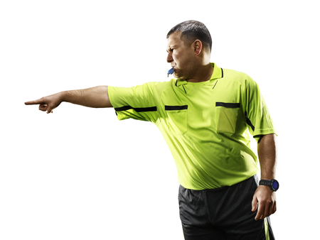 Professional soccer referee isolated on white background