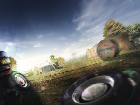 Abandoned paintball playground with barricades made of old tires with paint marks after fightsの写真素材