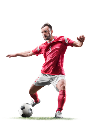 one caucasian soccer player man isolated on white backgroundの写真素材