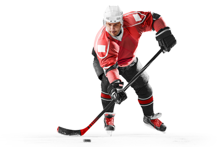 Professional ice hockey player in action on white backgoundの写真素材