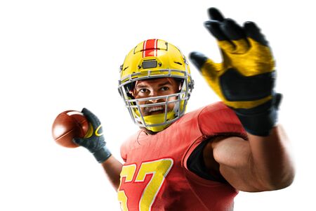 one american football player man studio isolated on white backgroundの写真素材