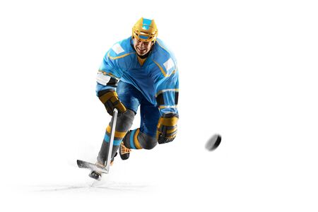 ice hockey player isolated on black backgroundの写真素材