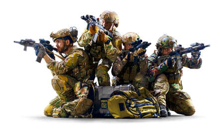 Groupof army soldiers in Protective Combat Uniform holding Special Operations Forces Combat Assault Rifle isolated on white backgroundの写真素材