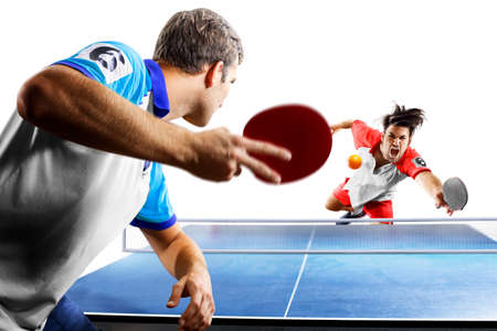 young sports man table tennis player is playing on light backgroundの写真素材