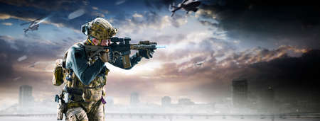 Soldier special forces on a futuristic background. Military concept of the future.の写真素材