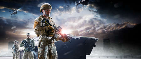 Soldier special forces on a futuristic background. Military concept of the future.の写真素材