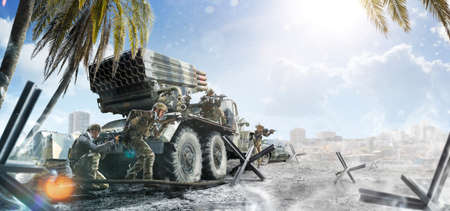 Soldier special forces on a futuristic background. Military concept of the future.の写真素材