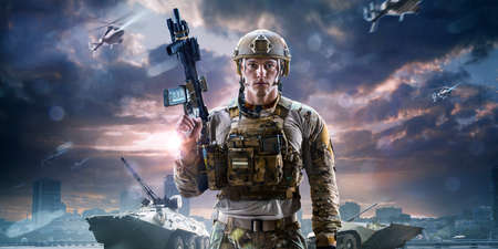Soldier special forces on a futuristic background. Military concept of the future.の写真素材