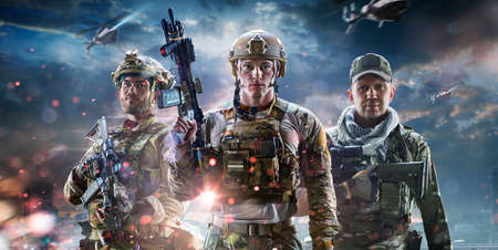 Soldier special forces on a futuristic background. Military concept of the future.の写真素材