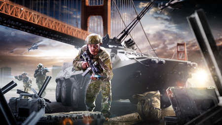 Soldier special forces on a futuristic background. Military concept of the future.の写真素材