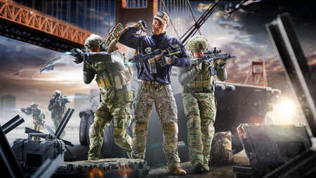 Soldiers special forces on a futuristic background. Military concept of the future.の写真素材