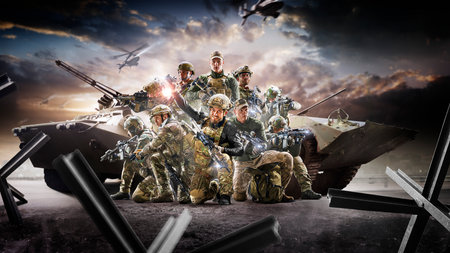 Soldier special forces on a futuristic background. Military concept of the future.の写真素材