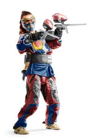 Sexy professional Paintball girl in uniform and mask isolated on white bacgroundの写真素材