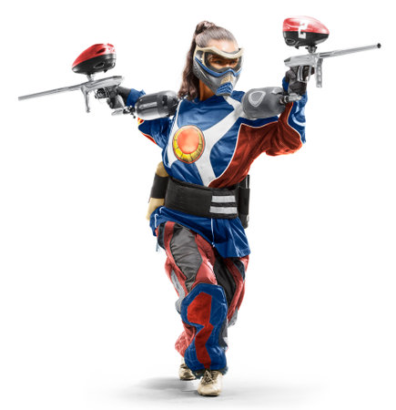 Sexy professional Paintball girl in uniform and mask isolated on white bacgroundの写真素材