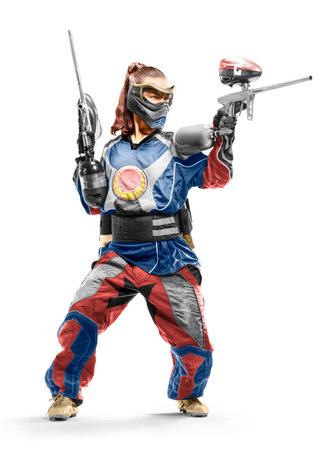 Sexy professional Paintball girl in uniform and mask isolated on white bacgroundの写真素材