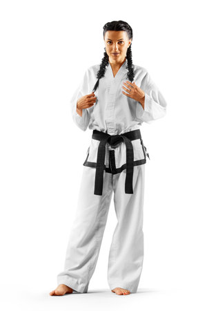 Professional female karate fighter isolated on the white backgroundの写真素材