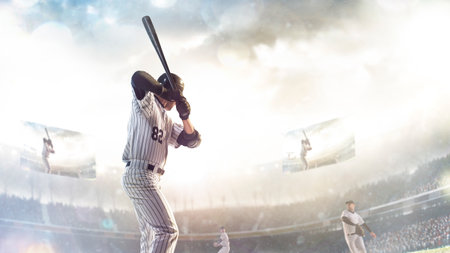 Professional baseball player in action on grand arenaの写真素材