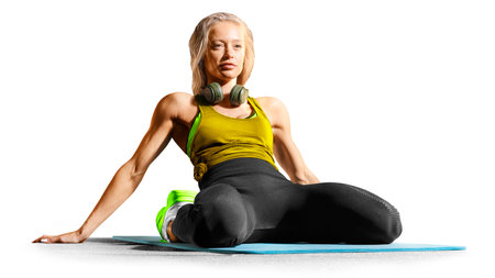 Professional fitness woman working out and stretching isolated on white backgroundの写真素材