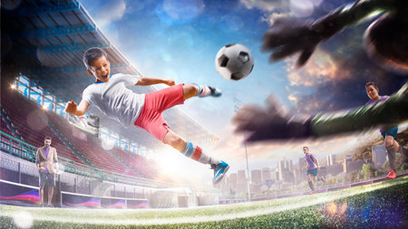Children and adult professional soccer players workout on grand field.の写真素材