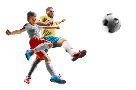 Children with adult soccer players in action isolated white backgroundの写真素材