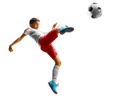 children soccer player in action isolated white backgroundの写真素材