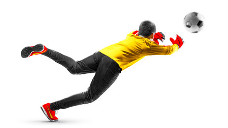 children soccer player goalkeeper in action isolated white backgroundの写真素材