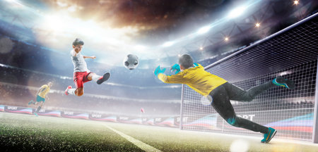 Childrens professional soccer players workout with coach on the grand stadiumの写真素材
