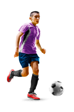 children soccer player in action isolated white backgroundの写真素材