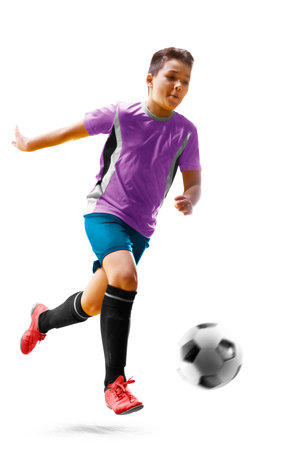 children soccer player in action isolated white backgroundの写真素材