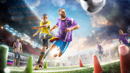 Children and adult professional soccer players workout on grand field.の写真素材