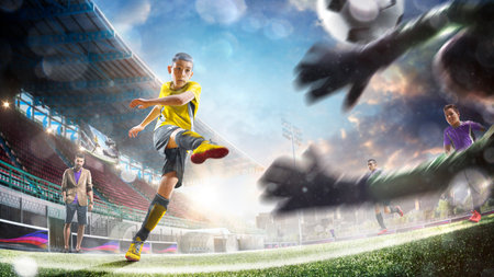 Childrens professional soccer players workout with coach on the grand stadiumの写真素材