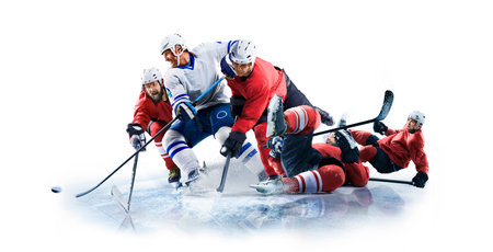 Ice hockey players in action on the rink. Isolated image on whiteの写真素材