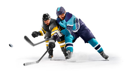 Professional ice hockey players on defending position on the rink. Isolated image on whiteの写真素材