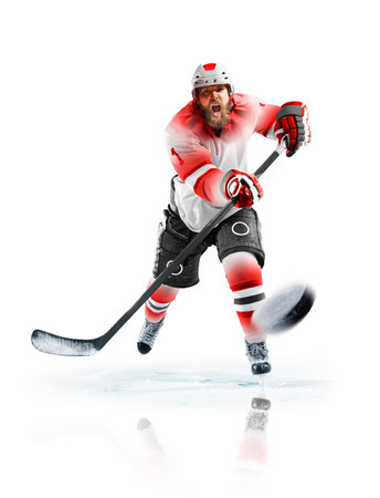 Ice hockey player in defensive position on the rink. Isolated image on whiteの写真素材