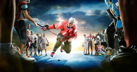 multi sports collage with ice hockey player in action surrounded by crowdの写真素材